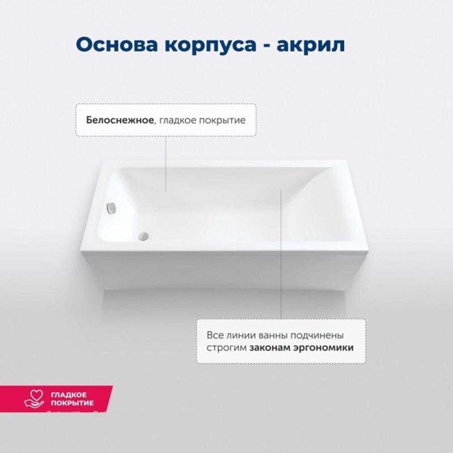 Ванна акриловая Aquanet Bright 180 x 75 см, с каркасом, цвет белый, 00347766