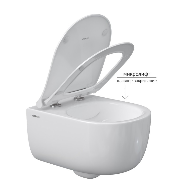 Комплект BERGES для монтажа подвесного унитаза: инсталляция NOVUM525, кнопка L5 Soft Touch черная, унитаз EGO Rimless 49см, сиденье дюропласт Toma SO, микролифт, быстросъем