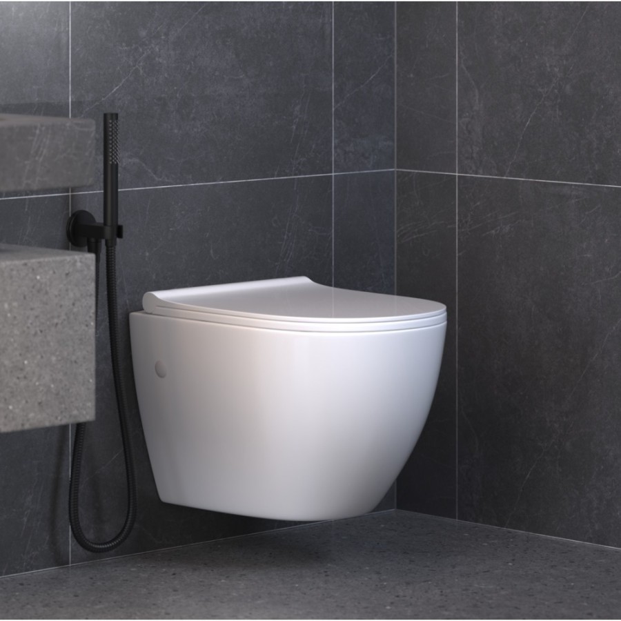 Комплект BERGES для монтажа подвесного унитаза: инсталляция NOVUM525, кнопка D5 Soft Touch черная, унитаз OKUS, сиденье дюропласт Toma Slim SO