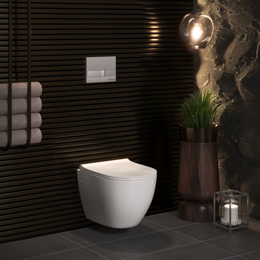 Комплект BERGES для монтажа подвесного унитаза: инсталляция NOVUM525, кнопка L4 Soft Touch белая, унитаз OKUS, сиденье дюропласт Toma Slim SO