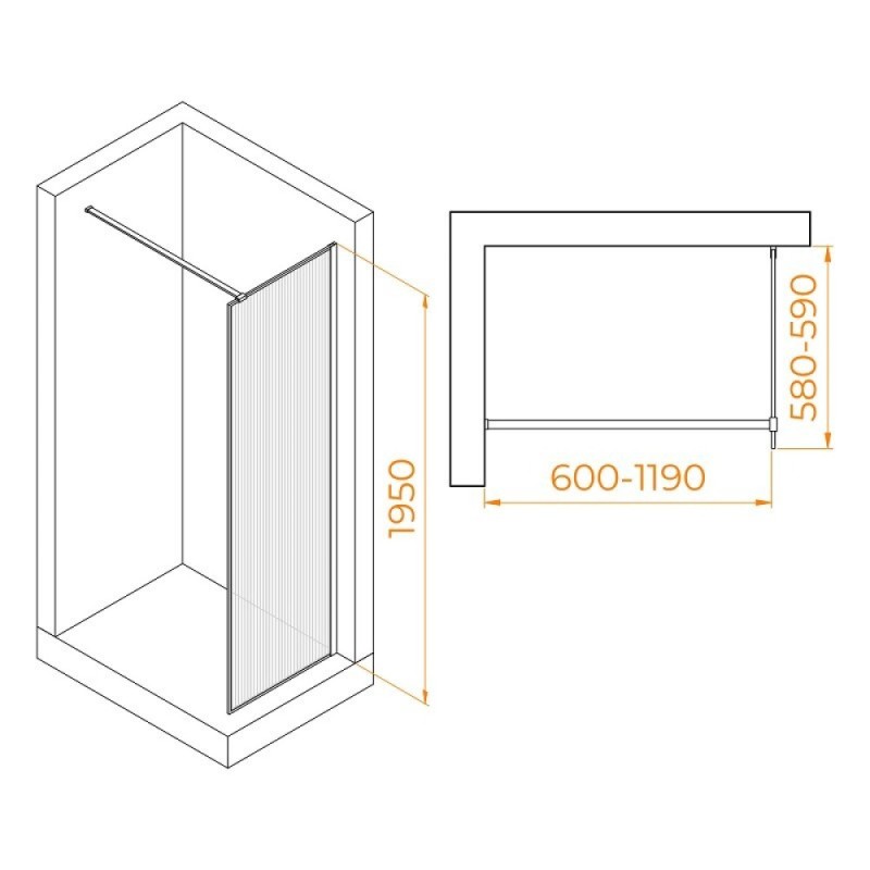 Душевая стенка RGW WA-08B Walk In, 60 см, стекло ribbed ребристое, профиль черный, 06100806-154