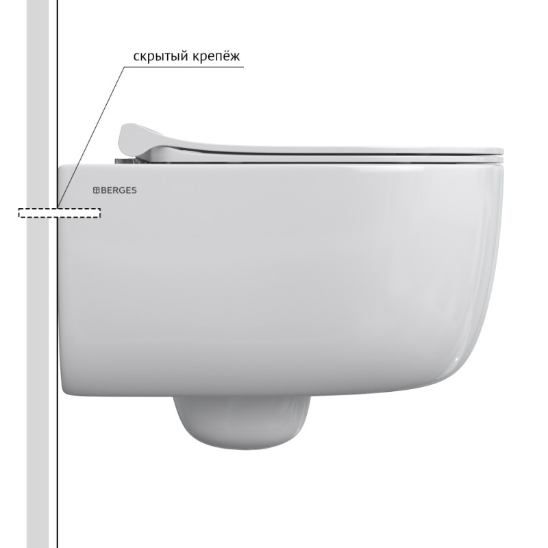 Унитаз BERGES подвесной EGO Rimless 49см, сиденье дюропласт Toma Slim SO, микролифт, быстросъем