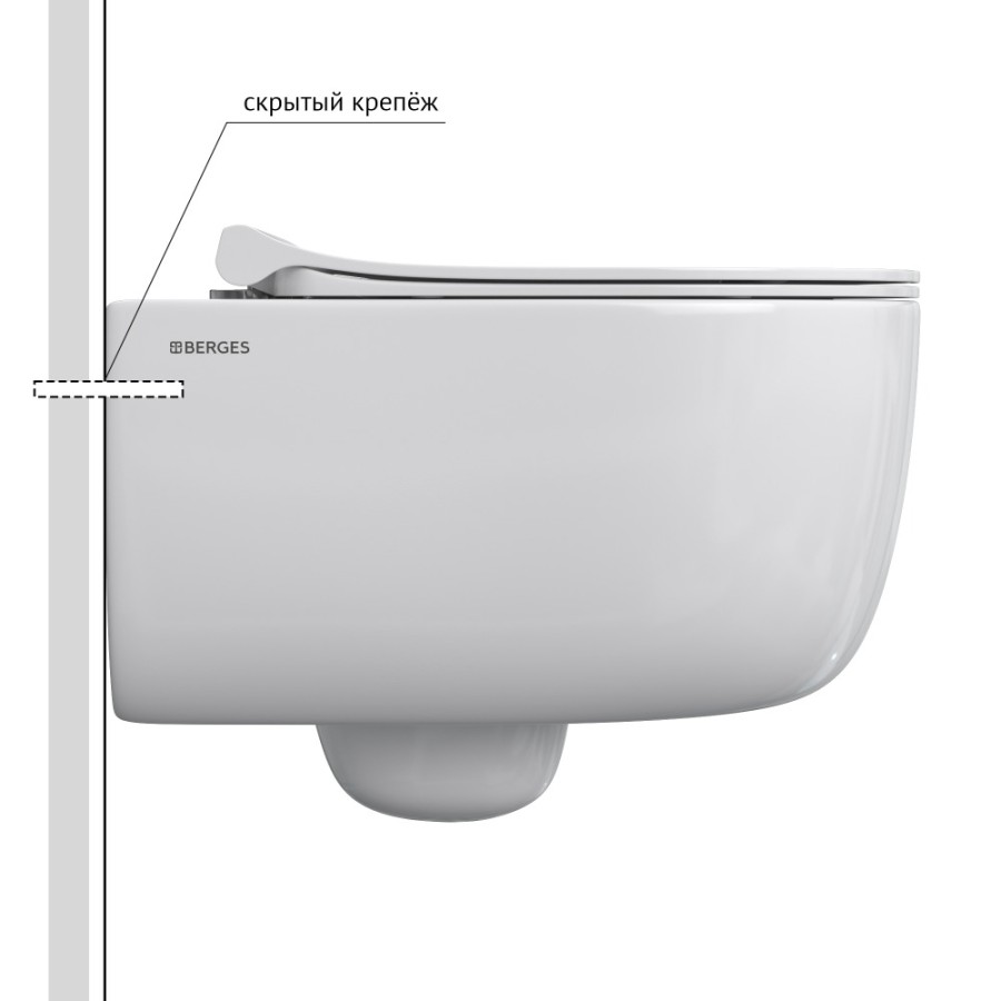 Унитаз BERGES подвесной EGO Rimless 49см, сиденье дюропласт Toma Slim SO, микролифт, быстросъем