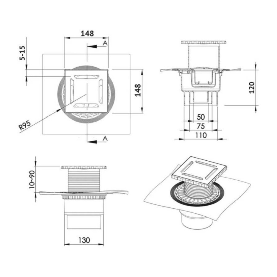 Душевой трап Berges ZENTRUM Norma 150х150