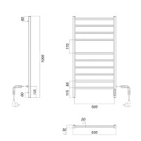 Полотенцесушитель электрический Domoterm Квадро П10 500x1000 EK R, ширина 50 см, высота 100 см, подключение справа, хром