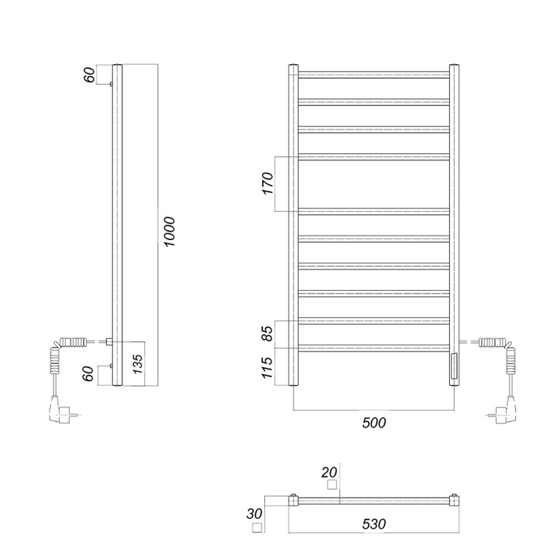 Полотенцесушитель электрический Domoterm Квадро П10 500x1000 EK R, ширина 50 см, высота 100 см, подключение справа, хром