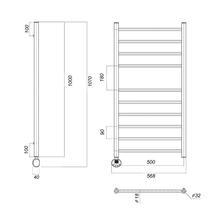 Полотенцесушитель электрический Domoterm Медея П10 500x1000 EL, ширина 50 см, высота 100 см, подключение слева, хром