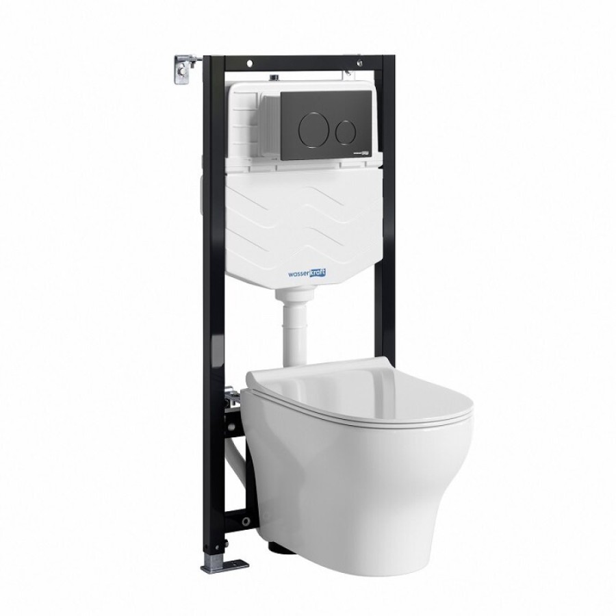 Инсталляция WasserKRAFT 10TLT.010.ME.MB02.H001, с подвесным безободковым унитазом Berkel, крышка микролифт, клавиша черная матовая