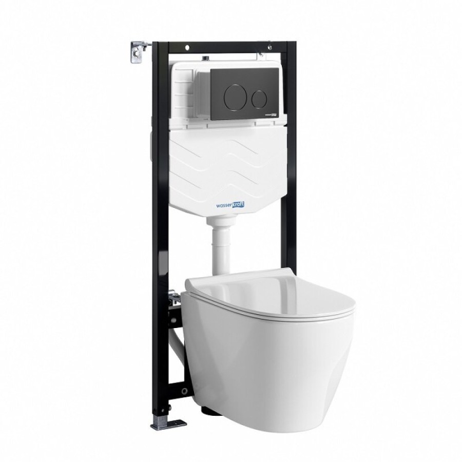 Инсталляция WasserKRAFT 10TLT.010.ME.MB02.H002, с подвесным безободковым унитазом Mindel, крышка микролифт, клавиша черная матовая