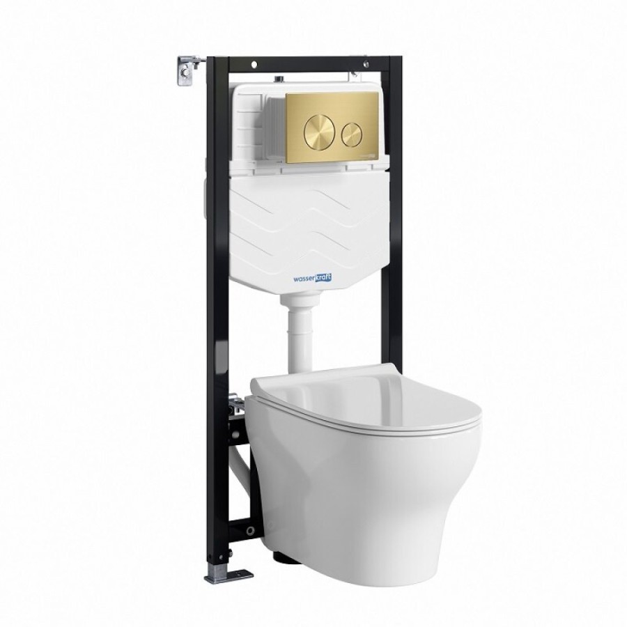 Инсталляция WasserKRAFT 10TLT.010.ME.MG02.H001, с подвесным безободковым унитазом Berkel, крышка микролифт, клавиша золото матовое