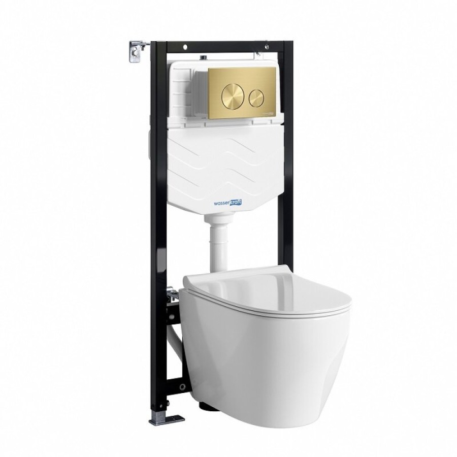 Инсталляция WasserKRAFT 10TLT.010.ME.MG02.H002, с подвесным безободковым унитазом Mindel, крышка микролифт, клавиша золото матовое