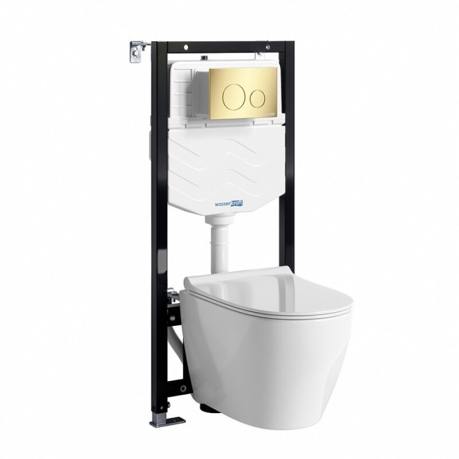 Инсталляция WasserKRAFT 10TLT.010.ME.PG02.H002, с подвесным безободковым унитазом Mindel, крышка микролифт, клавиша золото