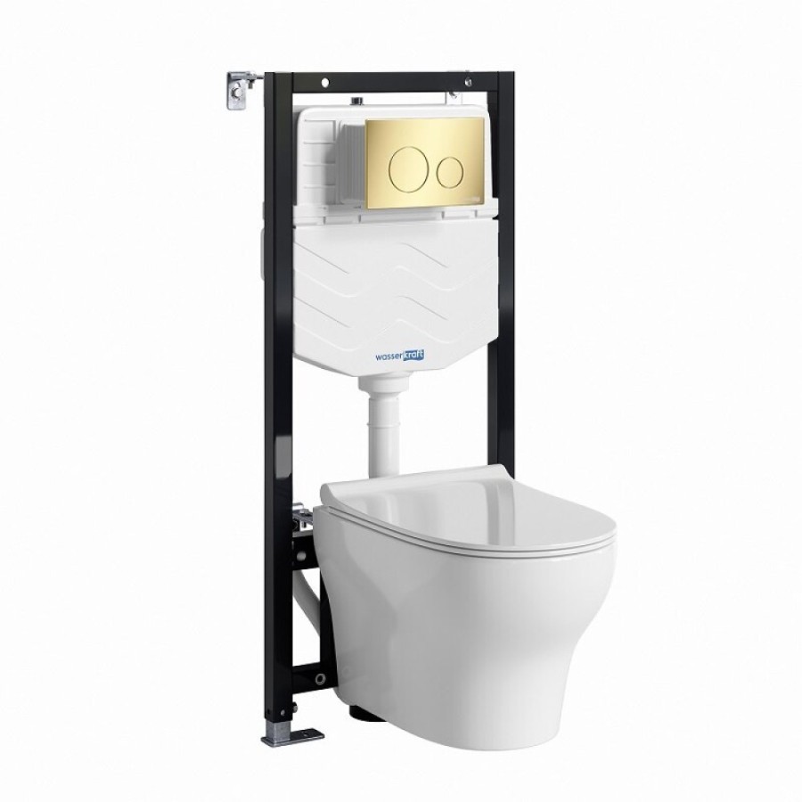 Инсталляция WasserKRAFT 10TLT.010.ME.PG02.H001, с подвесным безободковым унитазом Berkel, крышка микролифт, клавиша золото