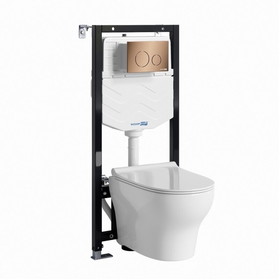 Инсталляция WasserKRAFT 10TLT.010.ME.RG02.H001, с подвесным безободковым унитазом Berkel, крышка микролифт, клавиша розовое золото