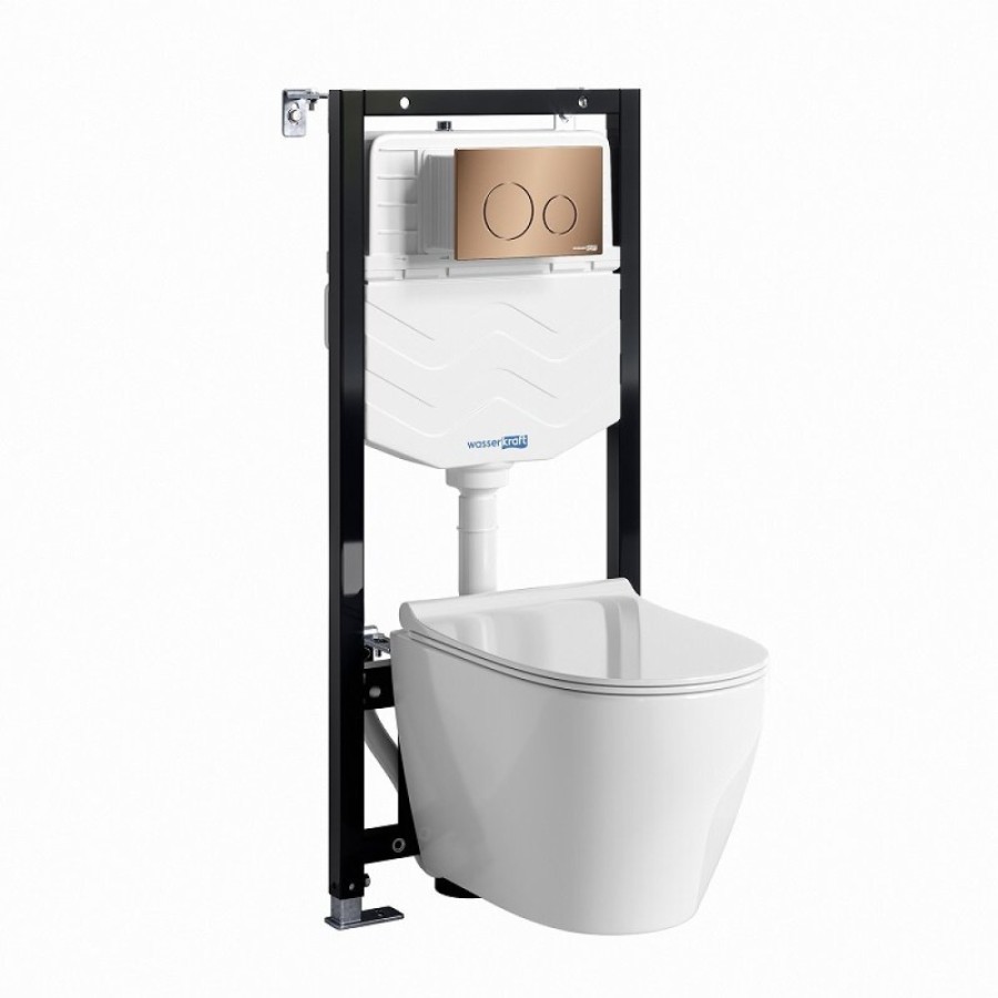 Инсталляция WasserKRAFT 10TLT.010.ME.RG02.H002, с подвесным безободковым унитазом Mindel, крышка микролифт, клавиша розовое золото