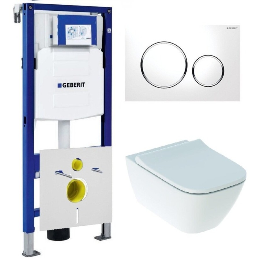 Инсталляция Geberit c унитазом Geberit Smyle Square Rimfree, сиденье микролифт клавиша белая, комплект Santehnica.ru, 111.300.00.5/500.683.00.2