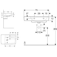 Раковина Geberit Renova Plan 122179000, 75 см, фарфор, крыло слева/чаша справа, белая