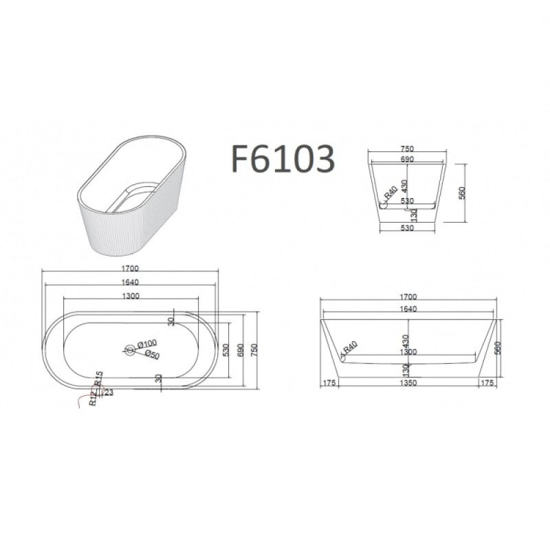 Ванна акриловая Frank F6103, 12513, 170 х 75 см, цвет белый
