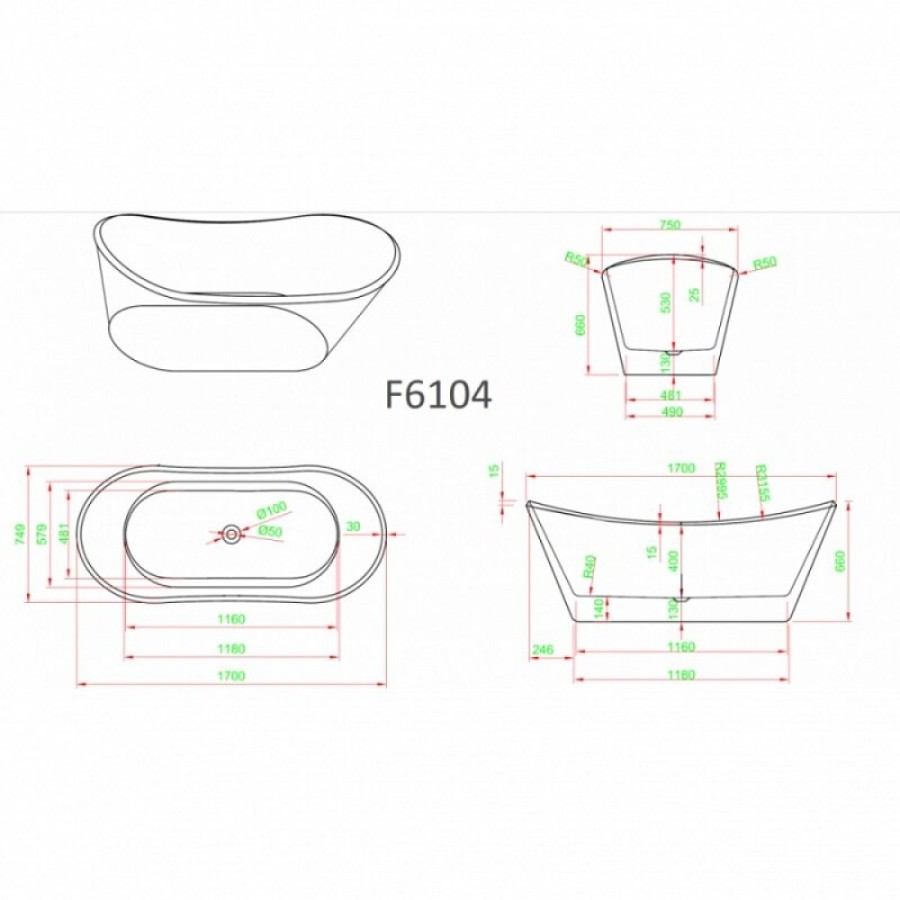 Ванна акриловая Frank F6104, 12515, 170 х 75 см, цвет белый