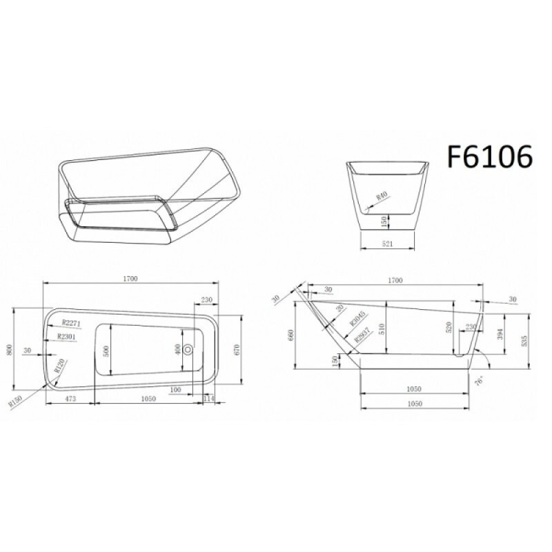 Ванна акриловая Frank F6106, 12518, 170 х 80 см, цвет белый/черный