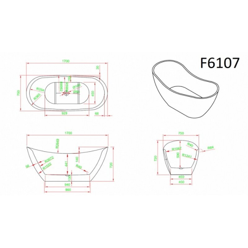 Ванна акриловая Frank F6107, 12519, 170 х 75 см, цвет белый