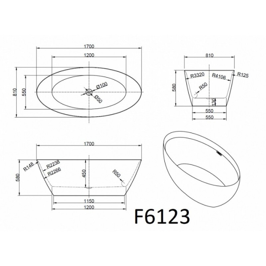 Ванна акриловая Frank F6123, 12526, 170 х 80 см, цвет белый/черный