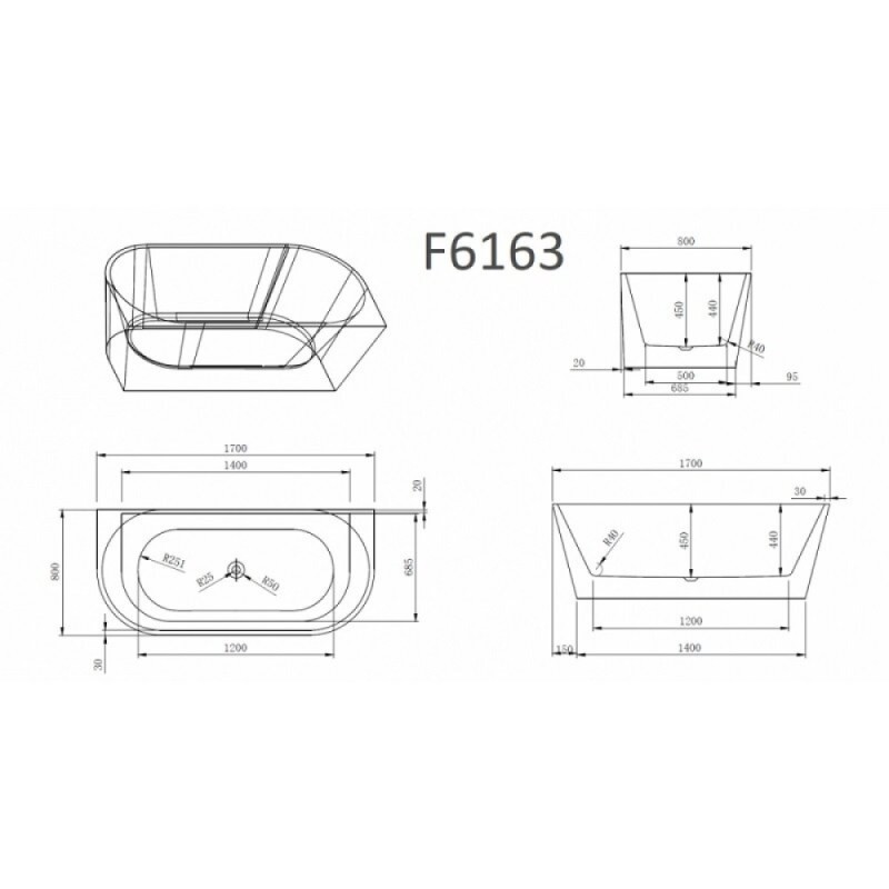 Ванна акриловая Frank F6163, 12531, 170 х 80 см, цвет белый/черный