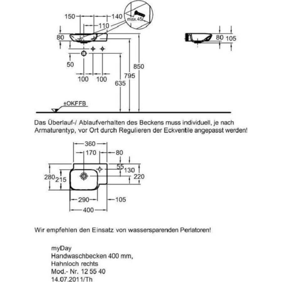 Раковина Geberit myDay 125540600/125440600, 40 см, L/R, фарфор, белая