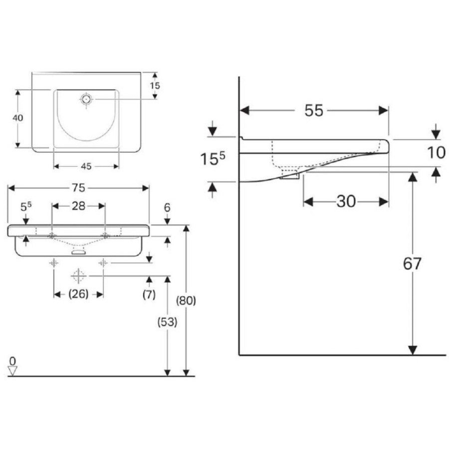 Раковина Geberit Renova Comfort Square 128576000, 75 см, фарфор, белая