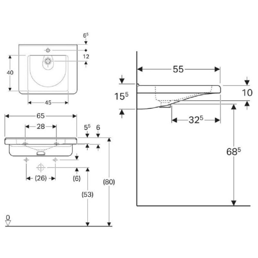 Раковина Geberit Renova Comfort Square 128667000, 65 см, фарфор, белая