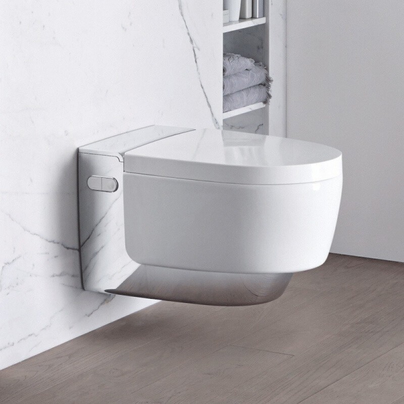 Электронный унитаз подвесной Geberit AquaClean mera comfort 146.214.21.1 с функцией биде и системой удаления запахов, цвет глянцевый хром