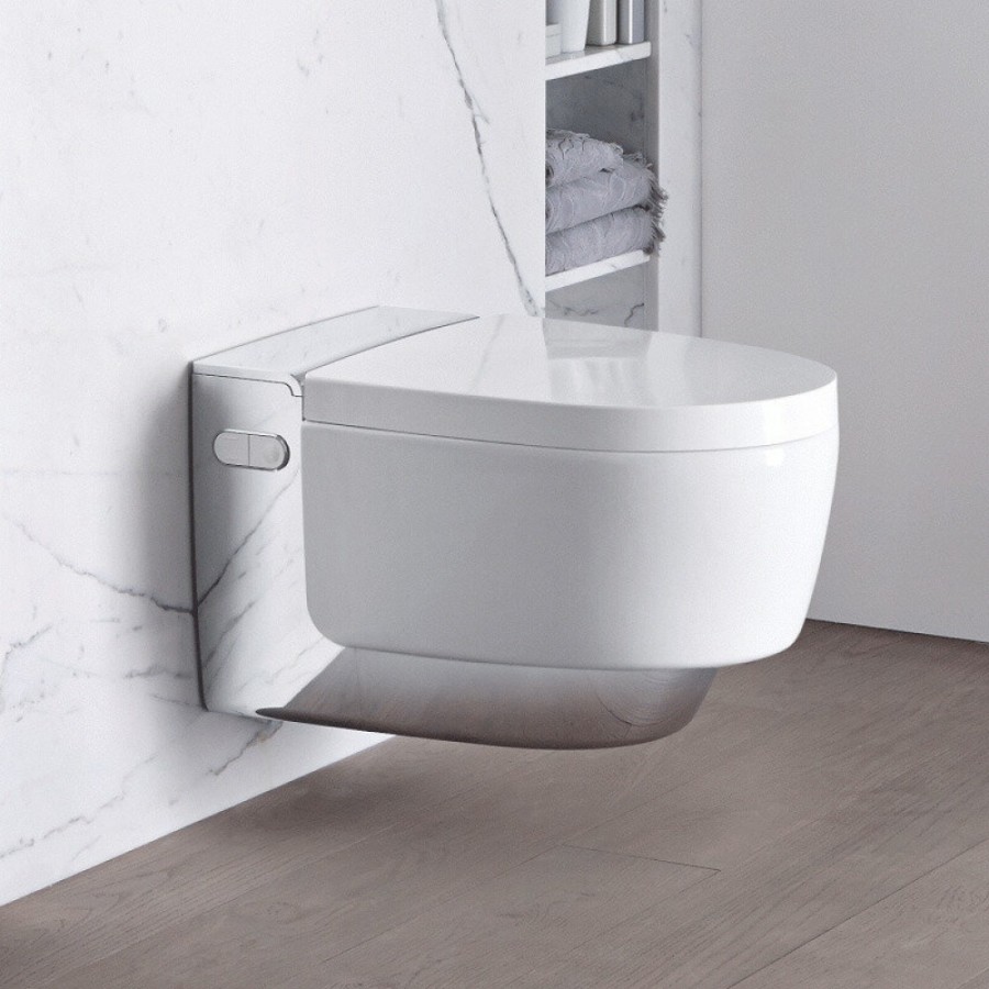 Электронный унитаз подвесной Geberit AquaClean mera comfort 146.214.21.1 с функцией биде и системой удаления запахов, цвет глянцевый хром