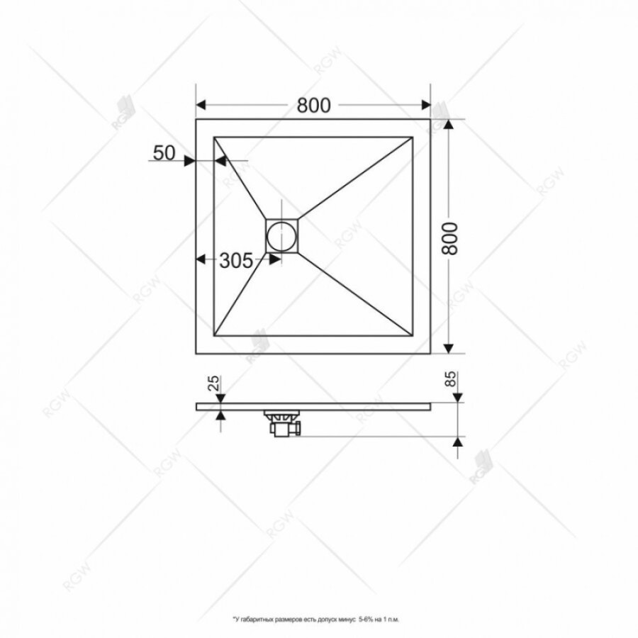 Душевой поддон RGW ST-0088G 80 x 80 см, квадратный, из искусственного камня, графит, 16152088-02