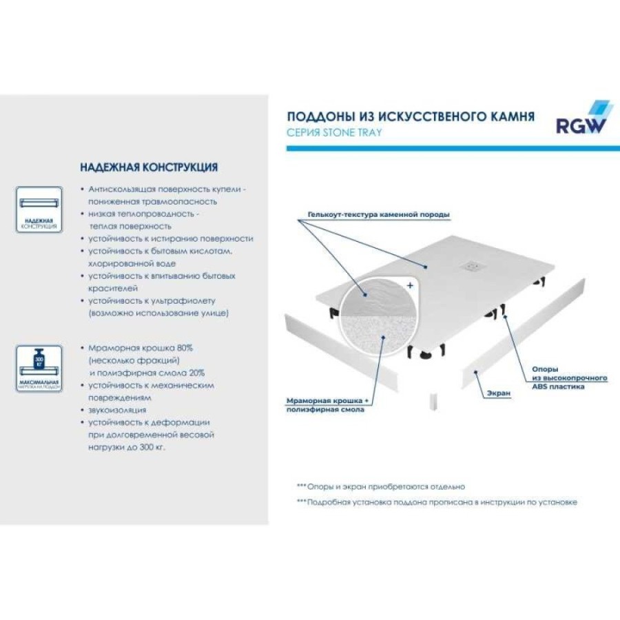 Душевой поддон RGW ST-0177W 70 x 170 см, прямоугольный, искусственный камень, белый, 16152717-01