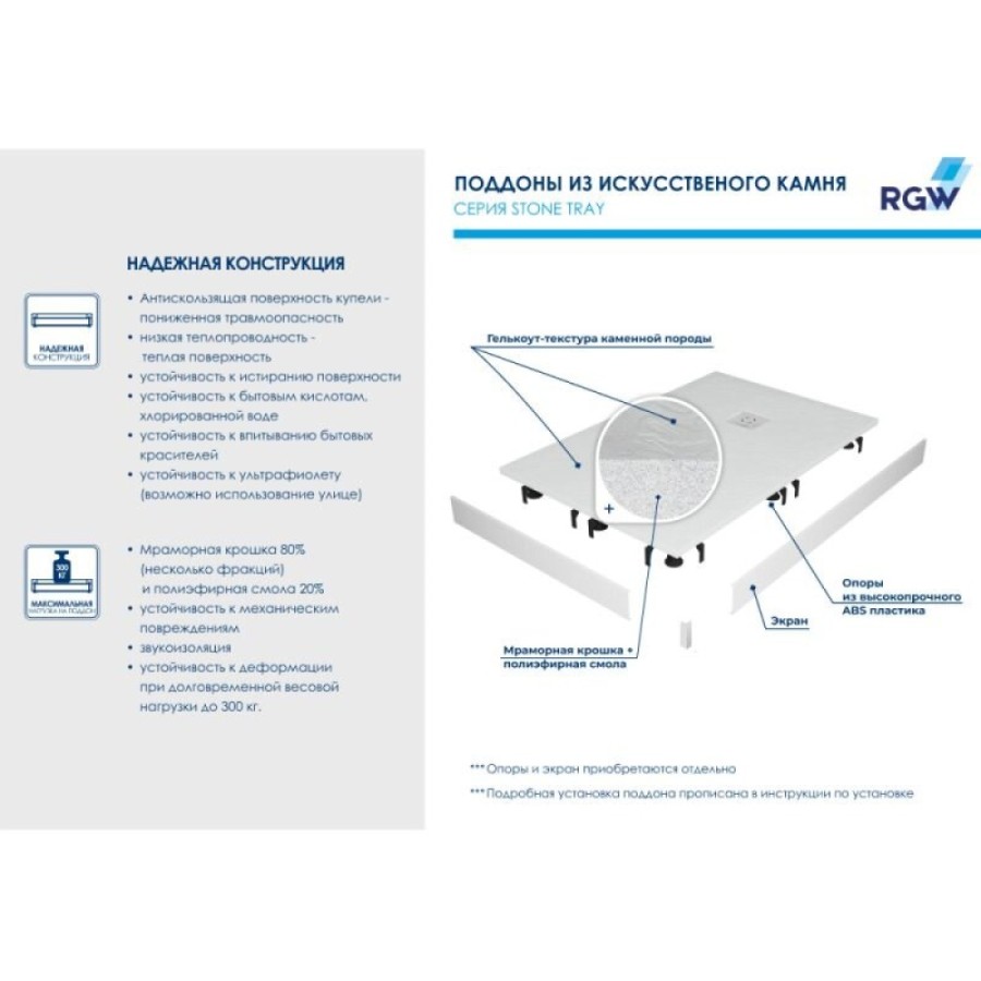 Душевой поддон RGW ST-0108W 80 x 100 см, прямоугольный, из искусственного камня, белый, 16152810-01