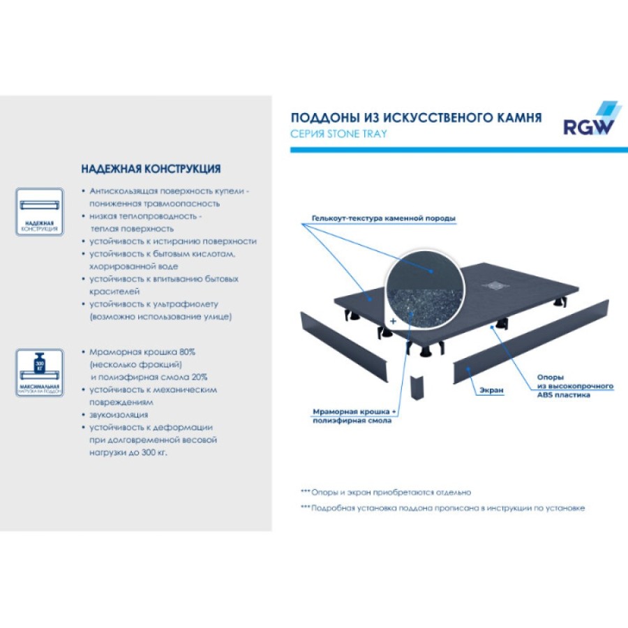Душевой поддон RGW Stone Tray 16152910-001, 90 x 100 см, прямоугольный, из искусственного камня, белый