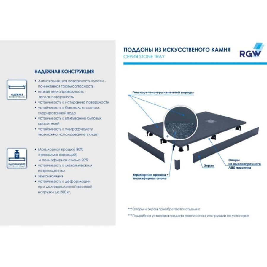 Душевой поддон RGW ST-0109G 90 x 100 см, прямоугольный, из искусственного камня, графит, 16152910-02