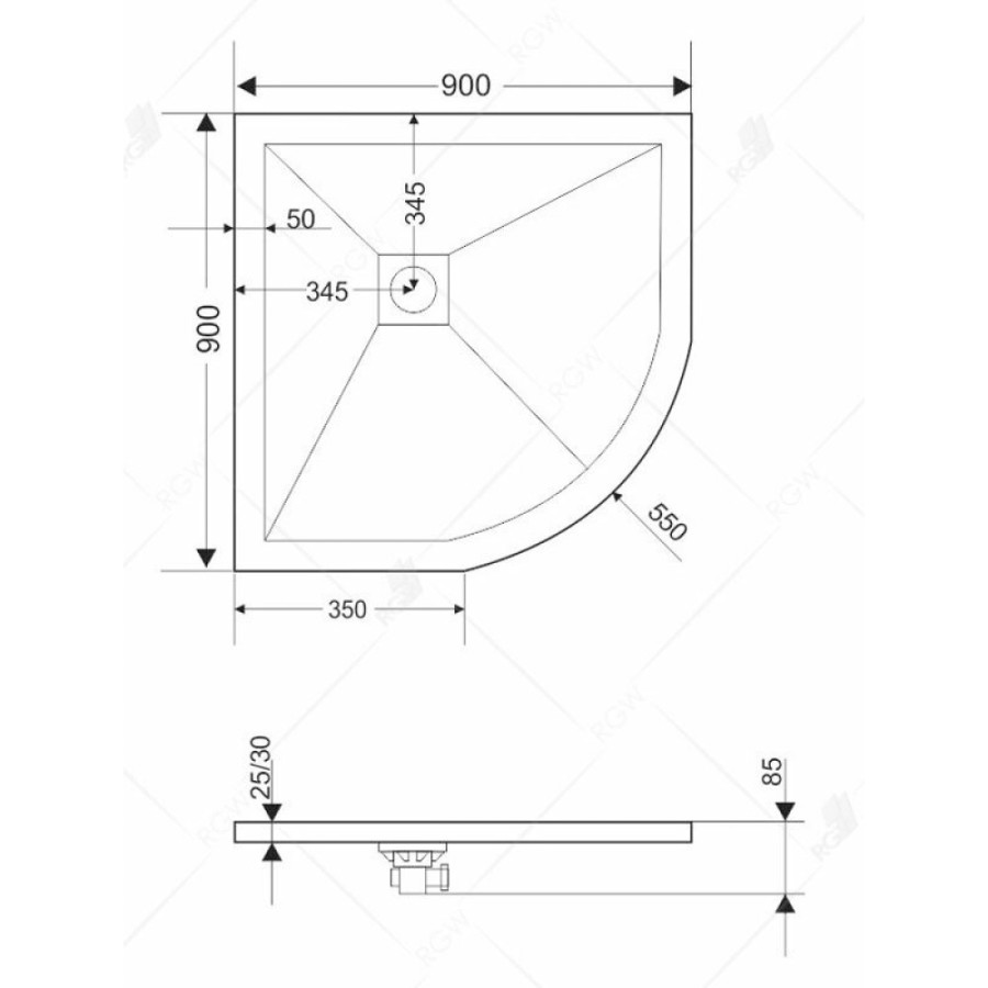 Душевой поддон RGW ST/R-G 100 x 100 см, четверть круга, из искусственного камня, графит, 16153100-02