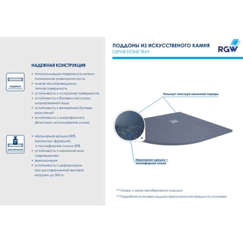 Душевой поддон RGW ST/R-G 100 x 100 см, четверть круга, из искусственного камня, графит, 16153100-02