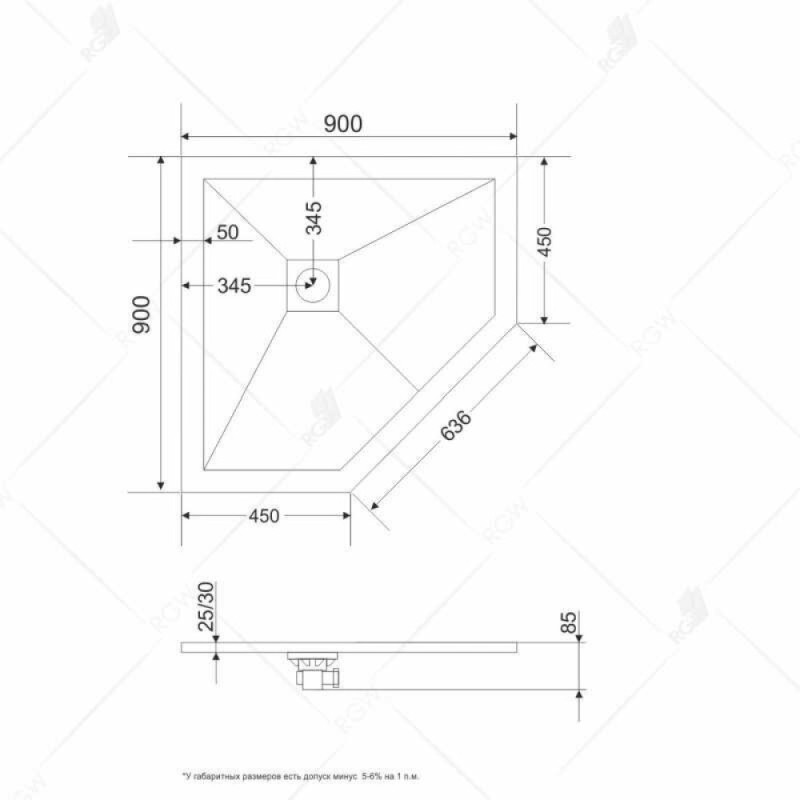 Душевой поддон RGW ST/T-0099W 90 x 90 см, трапеция, из искусственного камня, белый, 16155099-01