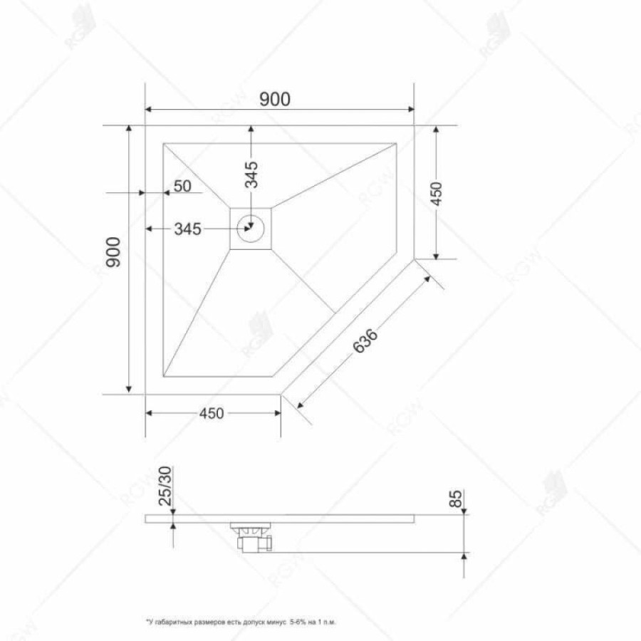 Душевой поддон RGW ST/T-0099W 90 x 90 см, трапеция, из искусственного камня, белый, 16155099-01