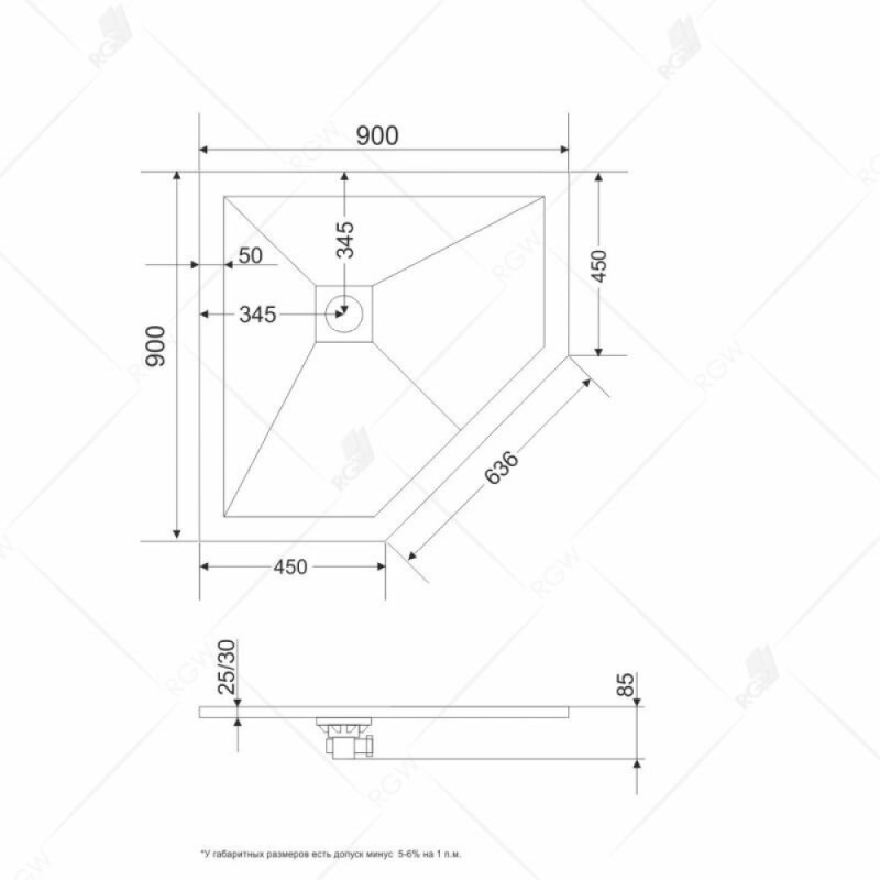 Душевой поддон RGW ST/T-0099Co 90 x 90 см, трапеция, из искусственного камня, бетон/цемент, 16155099-10