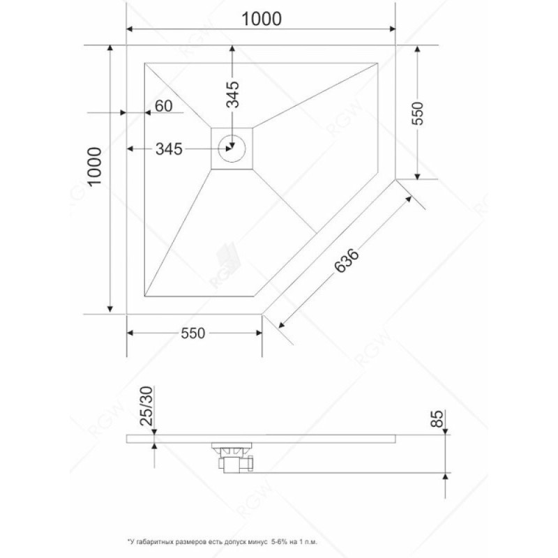 Душевой поддон RGW ST/T-G 100 x 100 см, пятиугольный, из искусственного камня, графит, 16155100-02