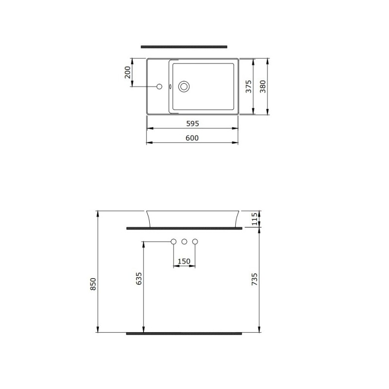 Раковина BERGES Ego SL накладная, 60x38 см, отверстие под смеситель сбоку