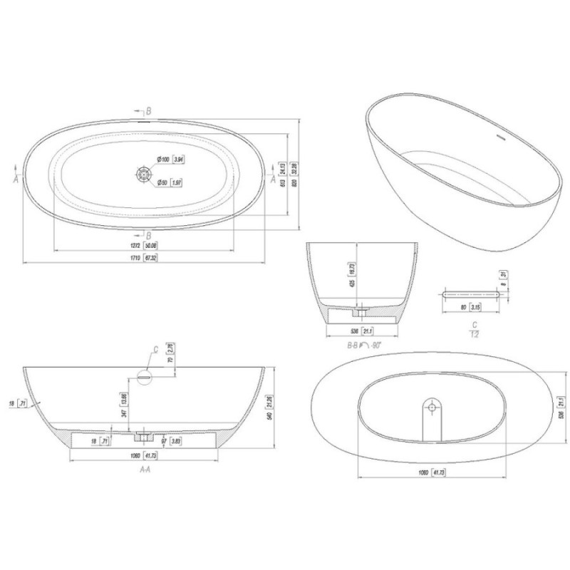 Ванна Allen Brau Krion Oval 2.35003.21, 170 х 80 см, искусственный камень, цвет белый матовый