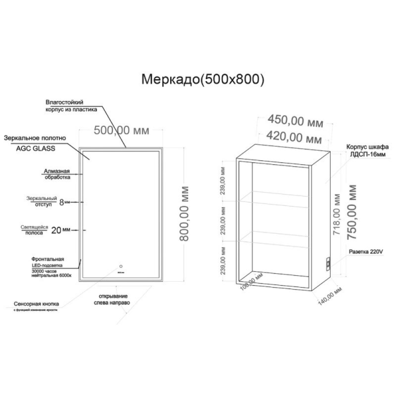 Зеркальный шкаф Grossman Меркадо 205005, 50 см, с LED-подсветкой, цвет белый
