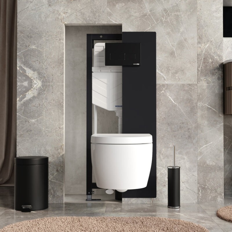 Инсталляция для унитаза WasserKraft Abens 20TLT.010.ME.BL.MB03, декоративная стеклянная панель черная, механическая кнопка смыва черная матовая