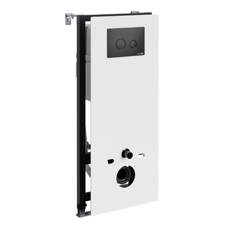 Инсталляция для унитаза WasserKraft Abens 20TLT.010.ME.WH.MB01, декоративная стеклянная панель белая, механическая кнопка смыва черная матовая