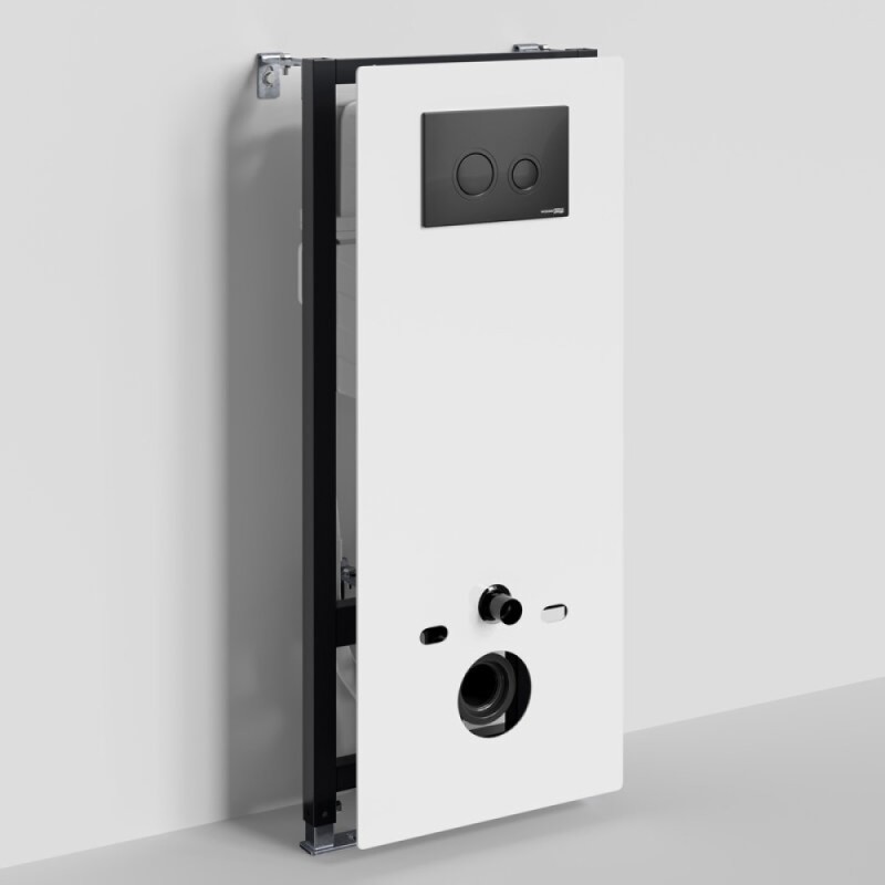 Инсталляция для унитаза WasserKraft Abens 20TLT.010.ME.WH.MB01, декоративная стеклянная панель белая, механическая кнопка смыва черная матовая