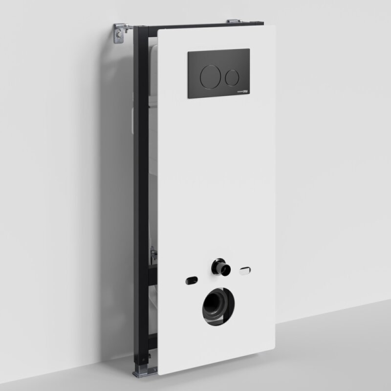 Инсталляция для унитаза WasserKraft Abens 20TLT.010.ME.WH.MB02, декоративная стеклянная панель белая, механическая кнопка смыва черная матовая